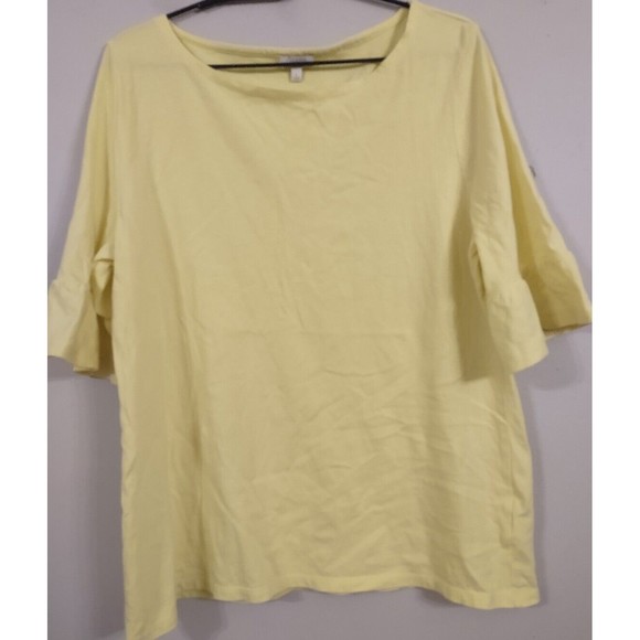 Talbots T Shirt Top Women's Large yellow Ruffle Bell Sleeve Round Neck Stretch - Picture 1 of 7